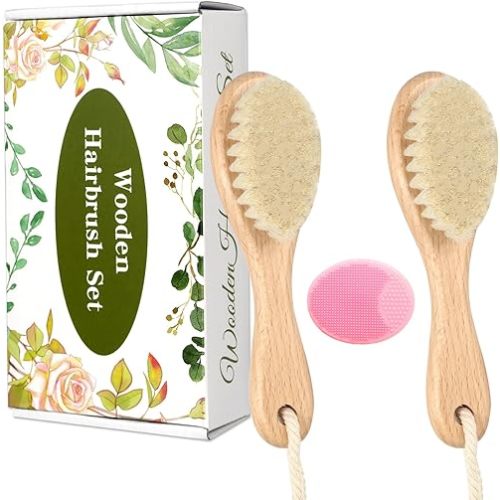 Wooden Baby Hair Brush and Comb Set, 2Pcs Natural Soft Goat Bristles Brush with Baby Shower Scrubber Perfect Scalp Grooming Product for Newborn, Toddler, Infant (Pink)