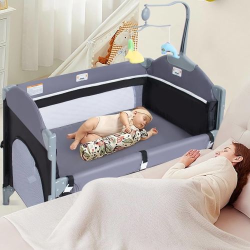 5-in-1 Baby Bassinet Bedside Crib, Pack and Play Long Next to Parents Bed Crib with Toys & Music Box, Mattress, Foldable Playard, Playpen Travel Bed Nursery Center for Girl Boy Infant Newborn