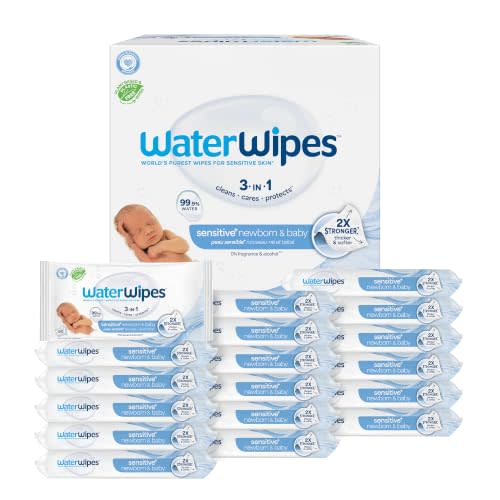 WaterWipes Sensitive+ Newborn & Baby Wipes, 3-In-1 Cleans, Cares, Protects, 99.9% Water, Unscented & Hypoallergenic, 1080 Count (18 Packs)