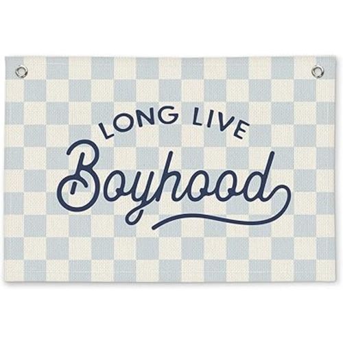 Long Live Boyhood Blue Checkered Boys Room Decor - Linen Banner Wall Hanging Canvas Banner Flag Decor for Toddler Boy Bedroom Nursery Playroom