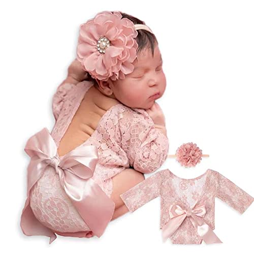 ForBaysy Infant Newborn Photography Props Girl Outfit Lace Romper with Cute Flower Headband Newborn Dress Posing Props