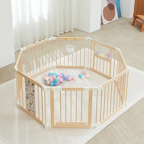 Baby Playpen - Adjustable Multi-Shape Wooden Play Yard, Portable Collapsible Activity Center with Baby Fence Play Area & Toys for Infants, Toddlers (54x54x24inch