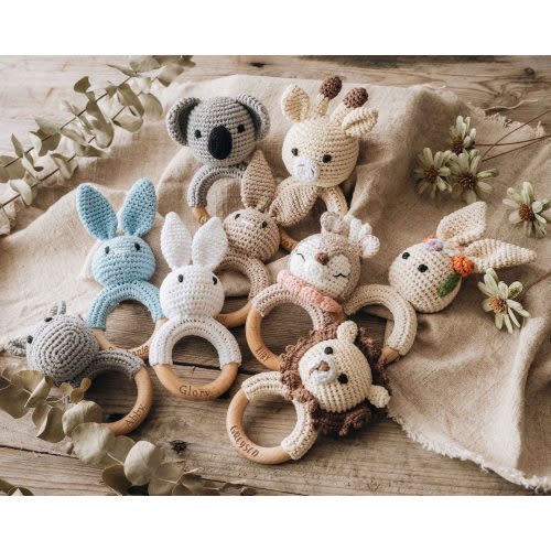 Personalized Animal Baby Rattle | Baby Shower Gifts | Custom Wooden Baby Rattle | Crochet Rattle Toy | Newborn Gifts | Gift for Nephew Niece