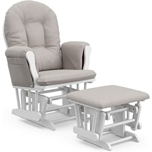 Storkcraft Premium Hoop Glider and Ottoman (White Base, Taupe Swirl Cushion) – Padded Cushions with Storage Pocket, Smooth Rocking Motion, Easy to Assemble, Solid Hardwood Base