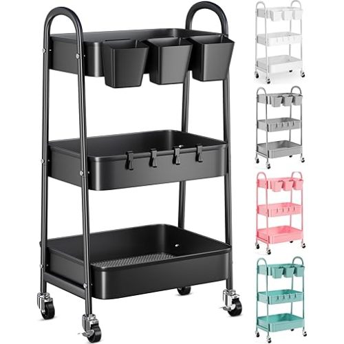 3 Tier Black Metal Rolling Cart with Lockable Wheels & Hanging Cups, Utility Storage Organizer for Bathroom, Kitchen, Laundry, Garage, Craft, Baby Diaper, Snack and Book, Easy Assembly