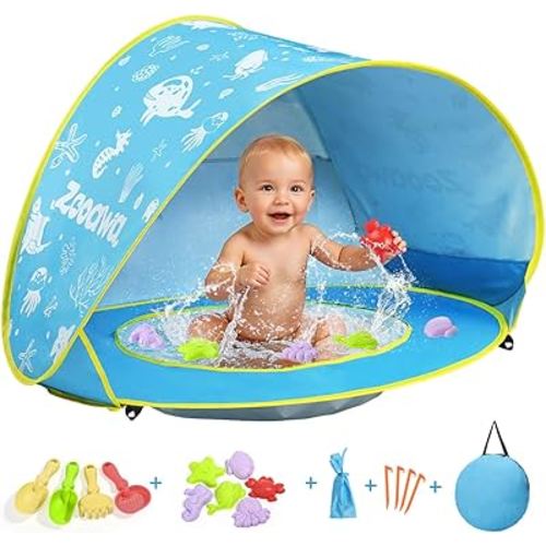 Zooawa Baby Beach Tent, Pop Up Beach Tent Sun Shade for Beach, Portable Shade Pool UV Protection Sun Shelter for Infant with Beach Sand Toys Set