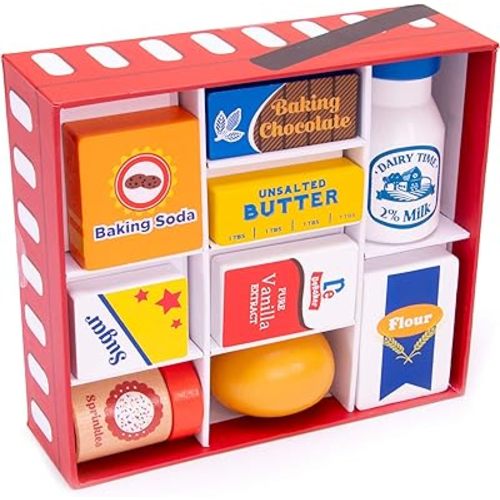 Baker's Mart Ingredient Set | Wooden Play Food Baking Groceries | Includes Baking Soda, Chocolate, Milk, Sugar, Vanilla, Flour, Sprinkles, Butter and Egg | Pretend Play Food Kitchen Accessories