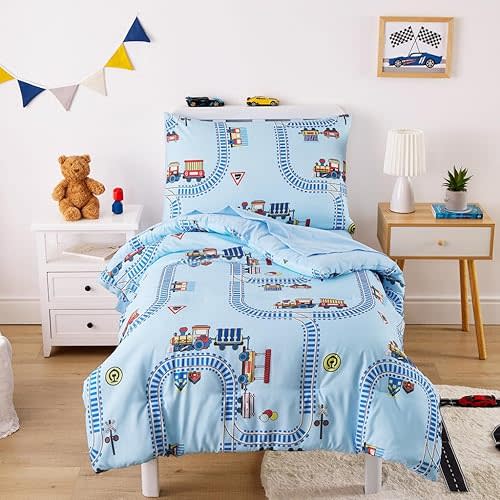 Wake In Cloud - Train Toddler Bedding Set for Boys, Cartoon Trains on Railway, 4 Pieces Soft Crib Bed Set Including Comforter, Sheets and Pillowcase, Light Blue