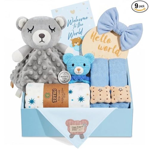 Newborn Baby Boy Gift, 9 Pcs Baby Gifts for Boys Newborn Essentials, New Baby Boy Gift Basket Baby Shower Gender Reveal Gifts, New Mom Gift Swaddle Blanket Bear Rattle Gift Set