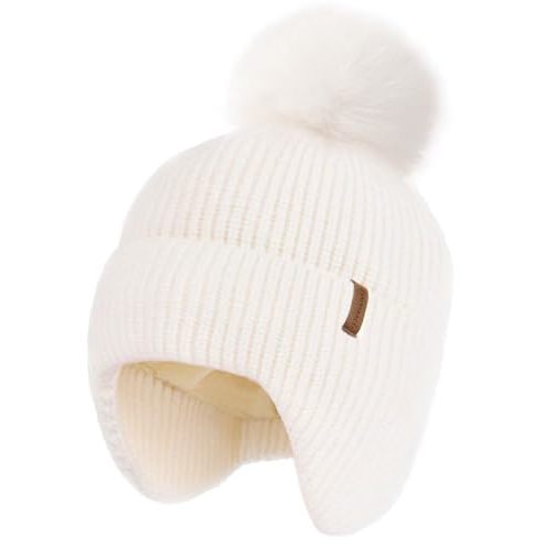 Camptrace Toddler Baby Winter Hat Warm Fleece Lined Knit Kids Hat with Earflap Infant Newborn Pom Beanie Knit Cap Girls Boys