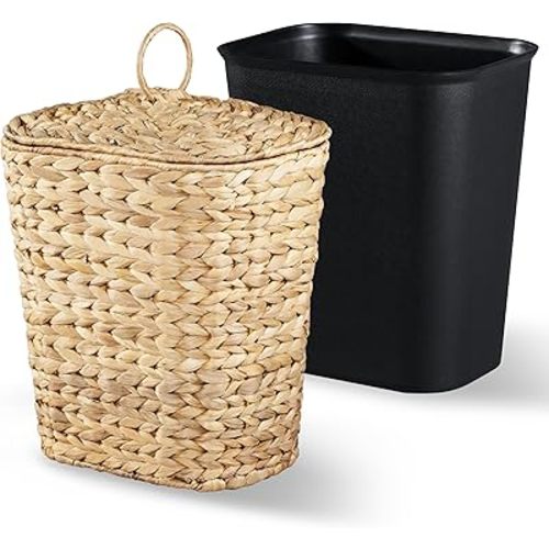 BLUEWEST 2.6 Gallon Wicker Trash Can with Lid, Handwoven Rattan Trash Can, Woven Decorative Wastebasket, Wicker Waste Basket with Removable Plastic Inner Bin for Bathroom, Bedroom, Office, or Kitchen