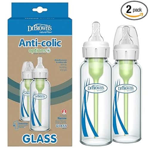 Dr. Brown's Anti-Colic Options+ Narrow Glass Baby Bottle with Level 1 Slow Flow Nipple, BPA-Free, 8 oz/250 mL, 0m+, 2-Pack (Packaging May Vary)