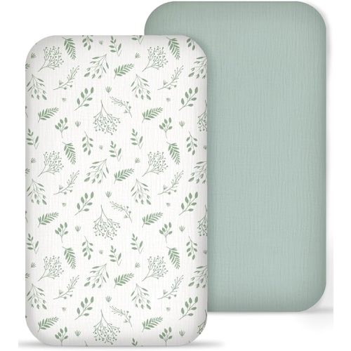 Muslin Bedside Bassinet Sheets 2 Pack, 33x20 Fitted Ultra Soft & Breathable Bedside Sleeper Sheets, Ideal for Baby Girl and Boy, Perfect for Newborns (Fern Leaf & Sage)