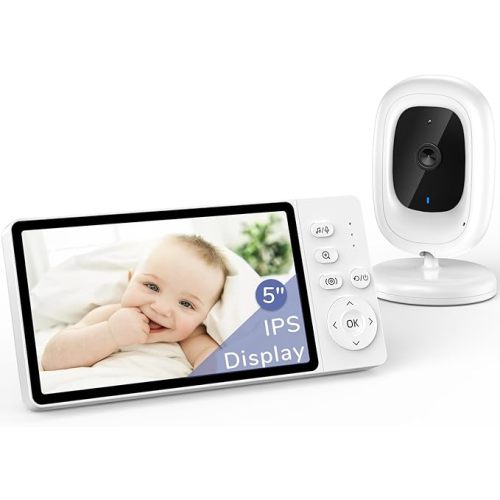 Baby Monitor no WiFi, 5” 1080p IPS Screen, 3050mAh Night Vision, 2-Way Audio, Temperature Sensor and Lullabies