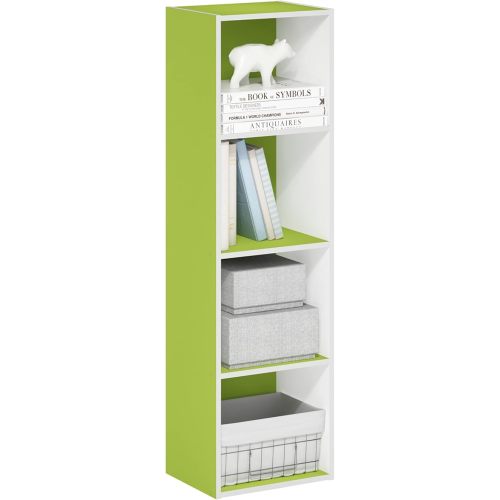 Furinno PASIR Book Shelf, 4-Tier Modern Bookshelf, Open Shelves Bookcase 9 x 12 x 42, for Living Room, Bedroom, Home Office, Green/White