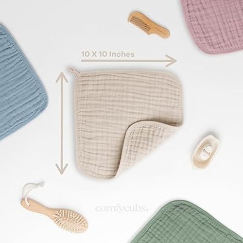 Baby Washcloths, Muslin Cotton Baby Towels 10 Pack -Large 10”x10” Wash Cloths Soft on Sensitive Skin, Absorbent for Boys & Girls, Newborn Baby & Toddlers Bibs & Burp Cloths Essentials Set, Sand