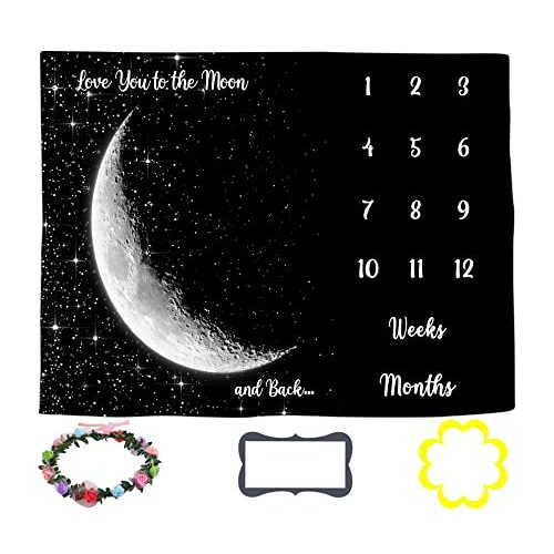 Baby Monthly Milestone Blanket, Space Black Star Moon Newborn Baby Age Blanket, 60x40 Inch Baby Swaddle Reception Blanket Growth Chart Blanket BTLSLY148