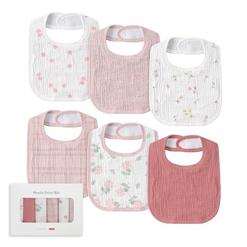 Muslin Baby Drool Bibs for Unisex Boys Girls, 6 Pack Soft Cotton Baby Bib for Teething Drooling, Essentials Shower Gift (6, Pink)