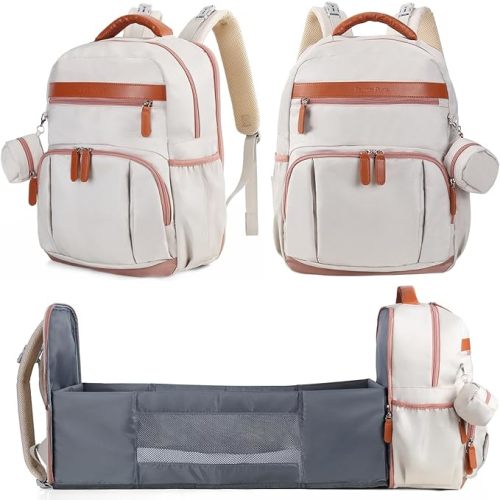 Baby Diaper Bag Backpack with Changing Station, 28Liters Capacity Nylon Baby Registry Mom Bags, Travel Friendly Unisex Bag, Essential Bag with Insulated Pockets, Beige
