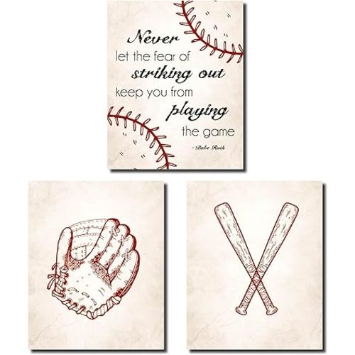 Set of 3 Baseball Prints | Unframed Baseball Wall Decor For Sports Fans | Boys Room Decor | Baseball Inspirational Quote | Baseball Stuff | Boys Bedroom Decor | Size 11×14 inches