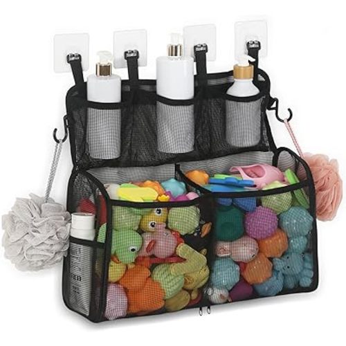 Bath Toy Storage, 2 Layers Large Capacity Bath Toy Holder for Bathtub, Quick Dry Bath Toy Organizer with Buttom Zipper, Bath Toy Net Basket Mesh Shower Caddy for Bathroom Toys Toiletry - Black