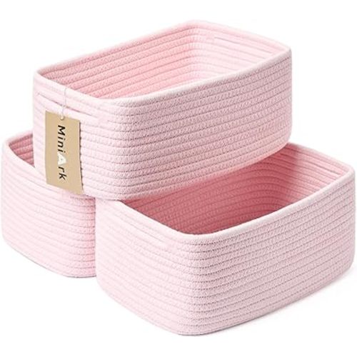Shelf Storage Baskets for Organizing | Closet Organizer Bins | Small Baskets | Toy Basket | Cute Decorative Basket | Cube Storage Bin | Woven Rope Basket | 13×8.5×5.1” | 3 Packs Light Pink