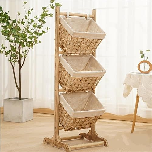 Rattan Hanging Basket, Multi-Layer Paulownia Wood Storage Rack, Floor-Standing Home Shelf, Bathroom Tiered Basket Stand, Free Standing Basket Storage Tower(Medium)