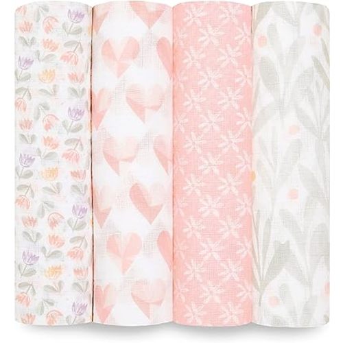 aden + anais Essentials Swaddle Blanket, Boutique Muslin Blankets for Girls & Boys, Baby Receiving Swaddles, Ideal Newborn & Infant Swaddling Set, Perfect Shower Gifts, 4 Pack, Piece of My Heart