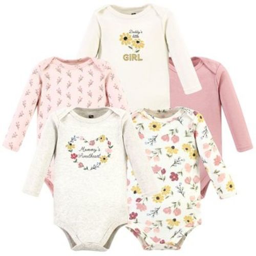 Hudson Baby Infant Girl Cotton Long-Sleeve Bodysuits, Soft Painted Floral 5 Pack, 0-3 Months