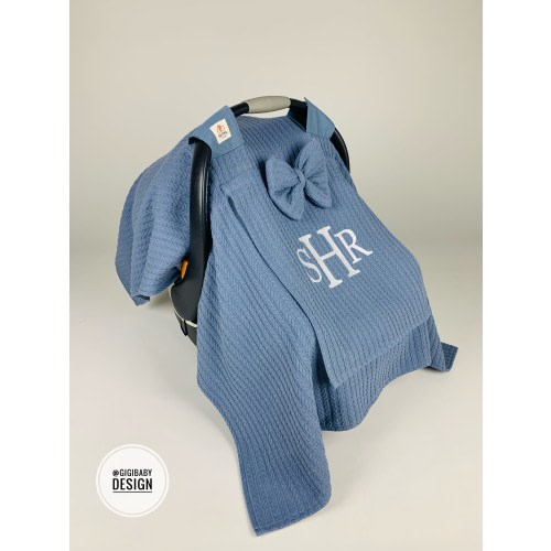 Car Seat Canopy Cover for Baby Girl and Boy in Denim Blue Pique Fabric and Peekaboo Mesh Window, 100% Cotton Personalized Baby Shower Gift