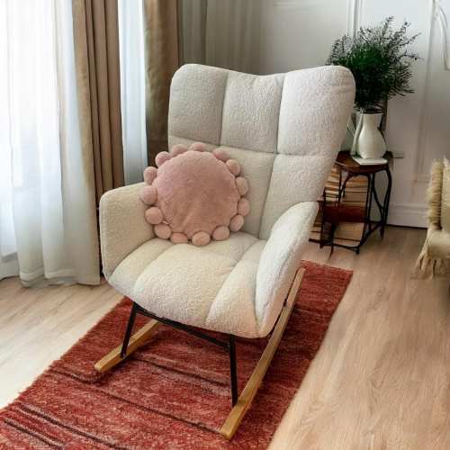 Rocking Chair with High Backrest, Teddy Fabric Upholstered, Modern Rocking Accent Chair, Comfy Side Chair