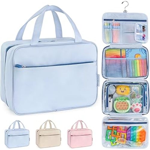 Kids Travel Organizer – Multi-Compartment, Water-Resistant Hanging Bag for Toys, Snacks, & Activities - Compact, Lightweight Design with Hook & Carry Handle - Perfect for Travel Use (Blue, Large)