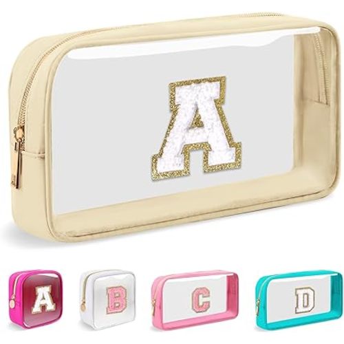 Small Clear Personalized Initial Makeup Bag,Nylon Preppy A-Z Chenille Letter Patch Cosmetic Pouch Beach Toiletry Bag,Waterproof Zipper Travel Purse Storage Bag Organizer for Women Girls(Beige-White A)