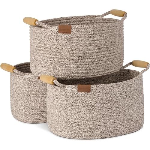 StorageWorks Woven Basket, Cotton Rope Basket for Organizing, 13 inch Rope Storage Basket, Cute Small Woven Basket with Wooden Handles, Decorative Woven Storage Basket, Light Brown, 3-Pack
