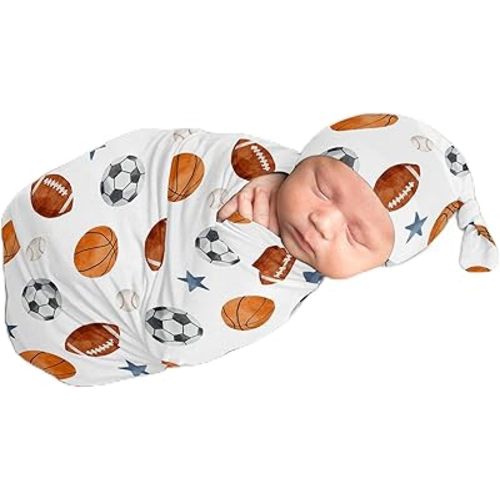 Sweet Jojo Designs Sports Theme Boy Baby Cocoon Swaddle and Beanie Newborn Jersey Set Infant Wearable Blanket Going Home Outfit Set Watercolor Sport Soccer Balls Football Baseball Basketball Blue Star