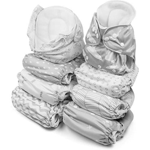 BaeBae Goods Adjustable Cloth Diapers for Boys and Girls – 8 Reusable Cloth Diapers for Babies with 8 Cloth Diaper Inserts (Grey Clouds)