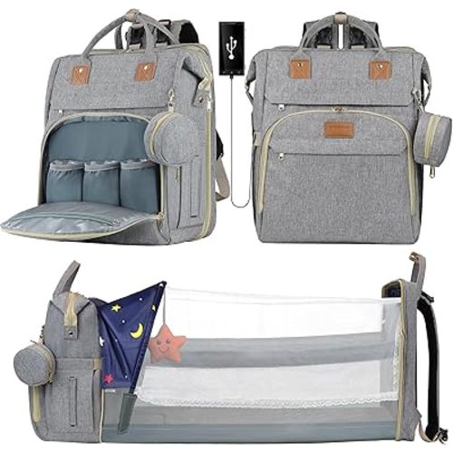Diaper Bag,Diaper Bag Backpack, USB Charging Port & Large Storage – Stylish, Multi-Functional Travel Essential for Moms & Dads On-the-Go,Grey