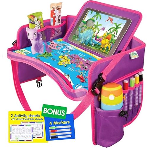 Kids Travel Tray - Waterproof Lap Table with No-Drop Large Tablet Holder - Car Seat Tray - Road Trip Essentials Kids - Car Desk Organizer for Airplane - Toddler Travel Essentials (Pink)