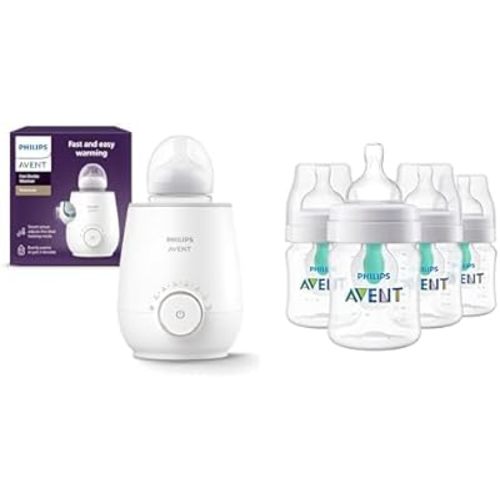 Philips Avent Warming Bundle with Anti-Colic baby bottle with AirFree Vent 4 Ounce 4 Pack + Fast baby bottle Warmer