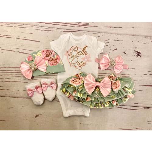 baby girl coming home outfit newborn baby girl take home outfit personalized baby girl clothes hospital outfit sage pink and gold roses