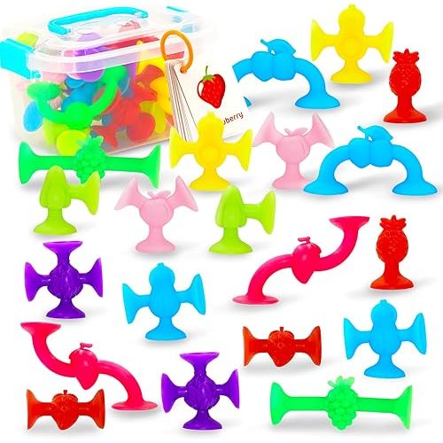 Suction Cup Baby Sensory Toys - Montessori Early Learning With Flashcards for Kids, Toddlers, Bathtub Bath, Fruit, Travel for Airplane, Restaurant, Car Seat