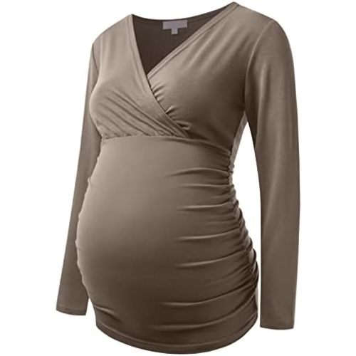 Maternity Shirt Long Sleeve Top Wrap V Neck Blouse Cross Over Nursing Tshirt
