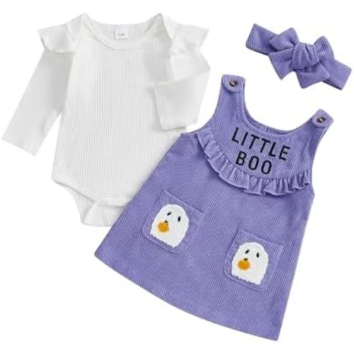 MoZiKQin Baby Girl Halloween Outfit Long Sleeve Ribbed Romper Ghost Embroidery Overall Dress Headband Cute Fall Clothes