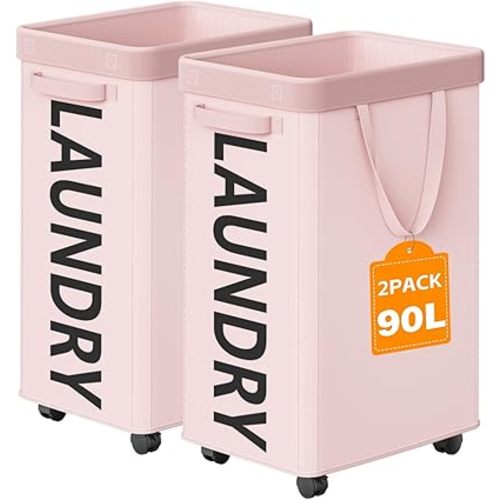 2 Pack 90L Rolling Laundry Basket with Wheels, 29 IN Hamper with Wheels and Removable Mesh Bag, Pink Laundry Baskets on Wheels for Bedroom, Dorm, Clothes Hamper Organizer
