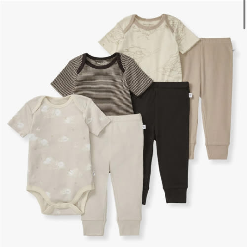 Burt's Bees Baby Unisex Baby 6-Piece Bodysuit and Pant Set, 100% Organic Cotton Infant Outfit Baby Essentials
