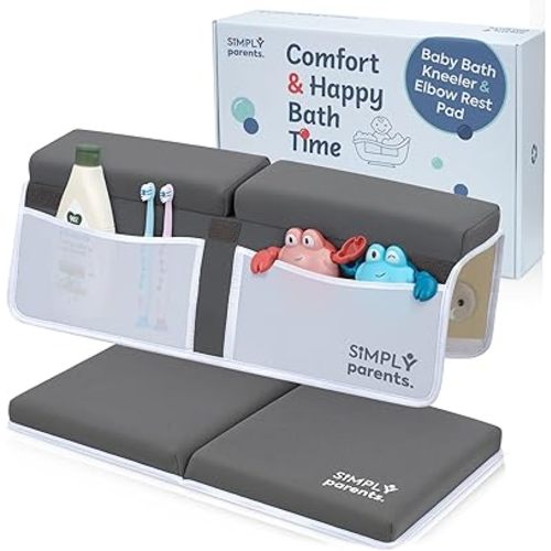 Baby Bath Kneeler and Elbow Rest Pad Set – Quick-Dry, Non-Slip Bath Kneeling Rest Pad for Bathing a Baby or Toddler, with Toy Organizer Pockets, with a Gift Box, Baby Bath Accessories for tub, Gray
