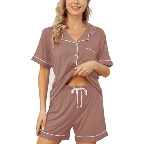 Womens Pajama Sets Short Sleeve Sleepwear Soft Button Down Nightwear Lounge Pj Set XS-XXL