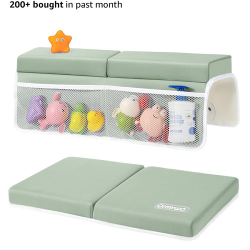 URMYWO Bath Kneeler and Elbow Rest Pad Set - 1.5" Thick Baby Bath Kneeler Pads with Toys Organizer, Anti-Slip Cozy Knee & Arm Support Bathtub Mat, Quick Dry Kneeling Pad for Baby Bath Time