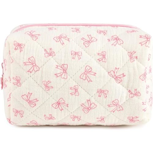 SOIDRAM Floral Makeup Bag Small Quilted Cosmetic Bag Cute Makeup Pouch Coquette Makeup Bag Aesthetic Travel toiletry bag Organizer Cotton Makeup Brushes Storage Bag for Women (Coquette Bow -S)