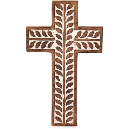 NIRMAN Mango Wood Religious Catholic Cross Wall Hanging Floral Carvings Living Room Home Décor for Entryway Office Living Room (10" x 6" x 0.75")